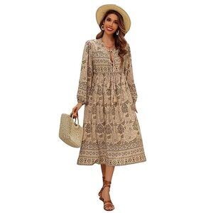 R.Vivimos Long Sleeve Floral Print Retro V Neck Tassel Bohemian Midi Dress Sz XL